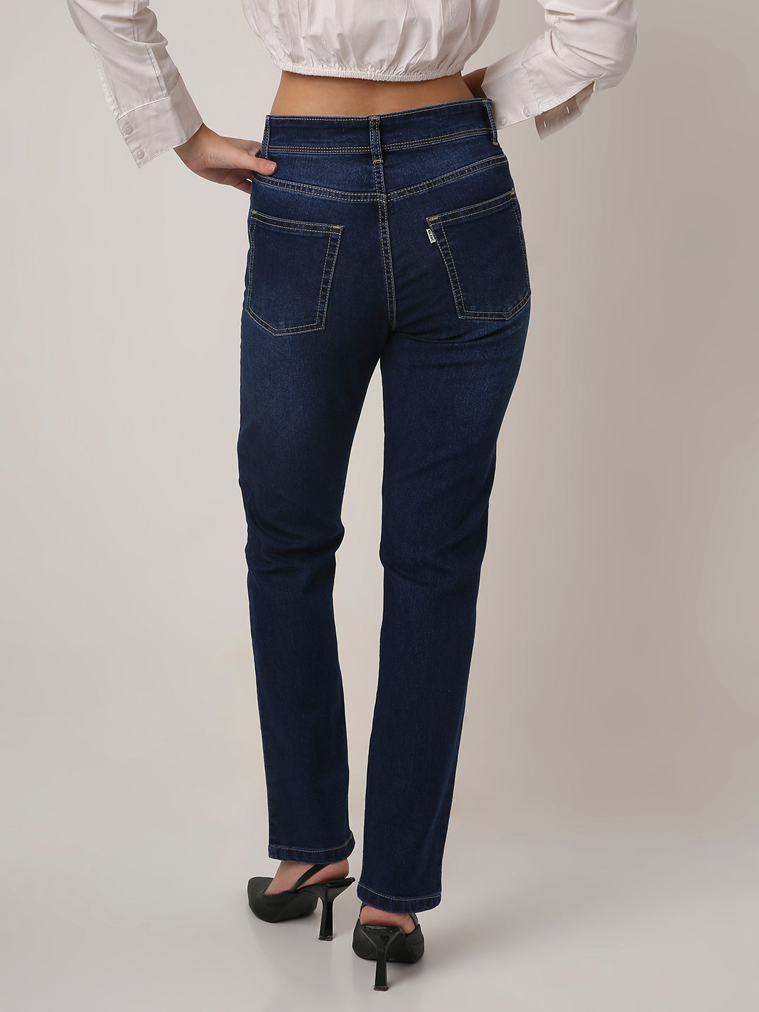 Dark Blue High-Waist Straight Slim Jeans