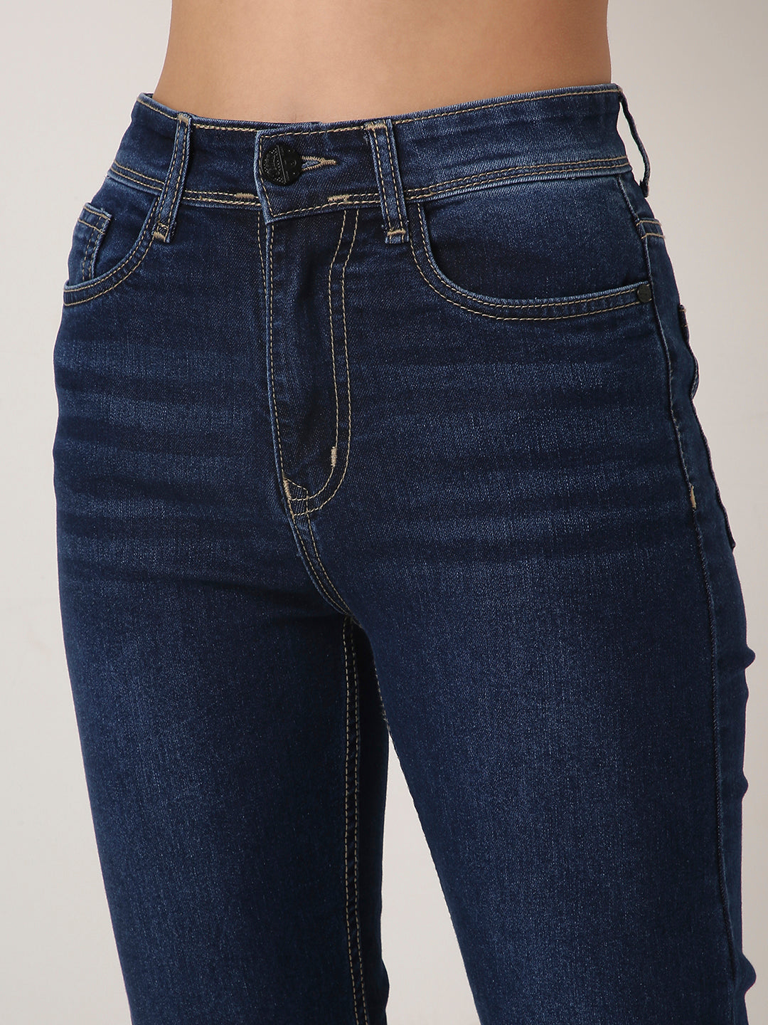 Dark Blue High-Waist Straight Slim Jeans