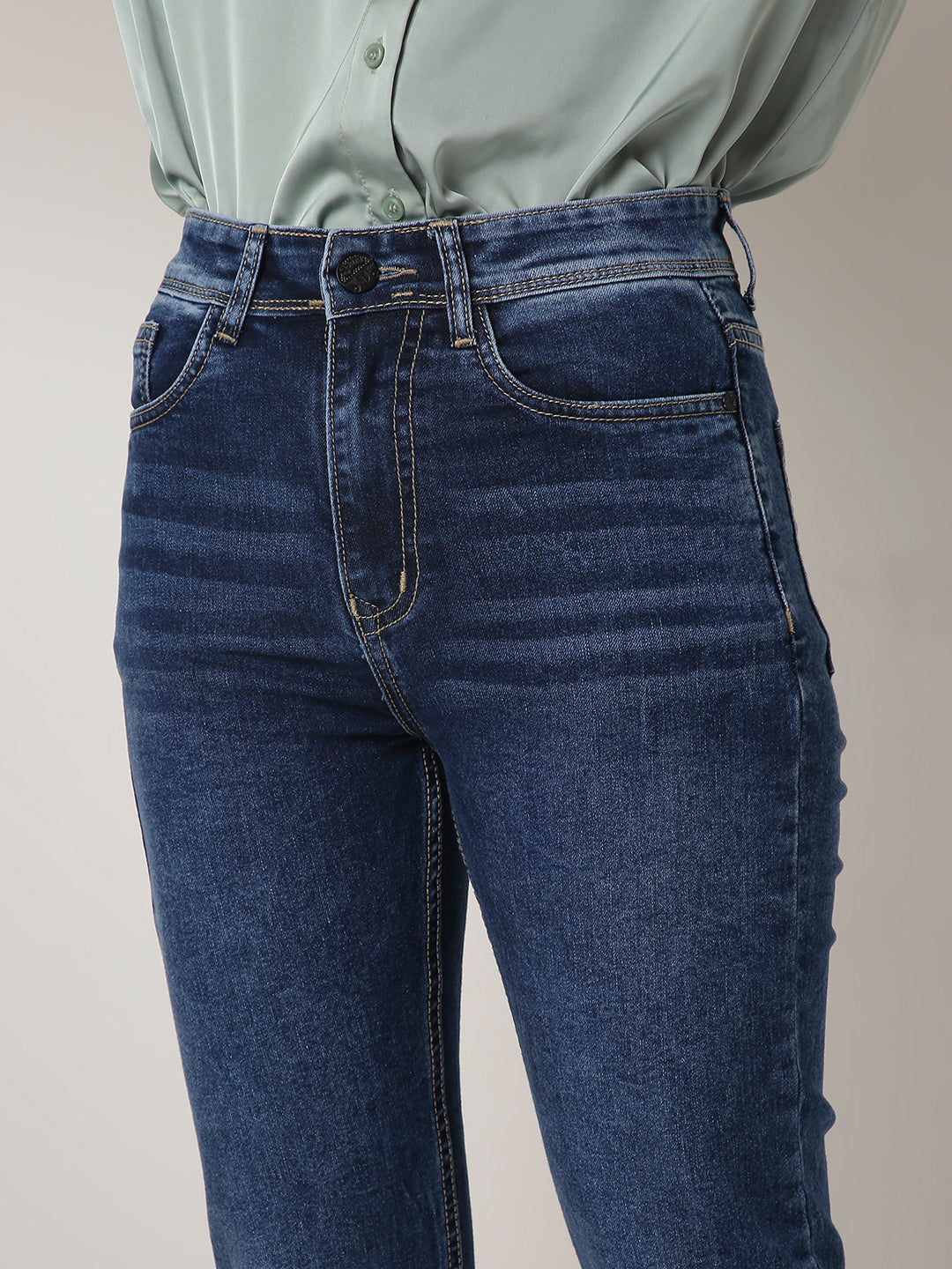 Mid Blue High-Waist Straight Slim Jeans