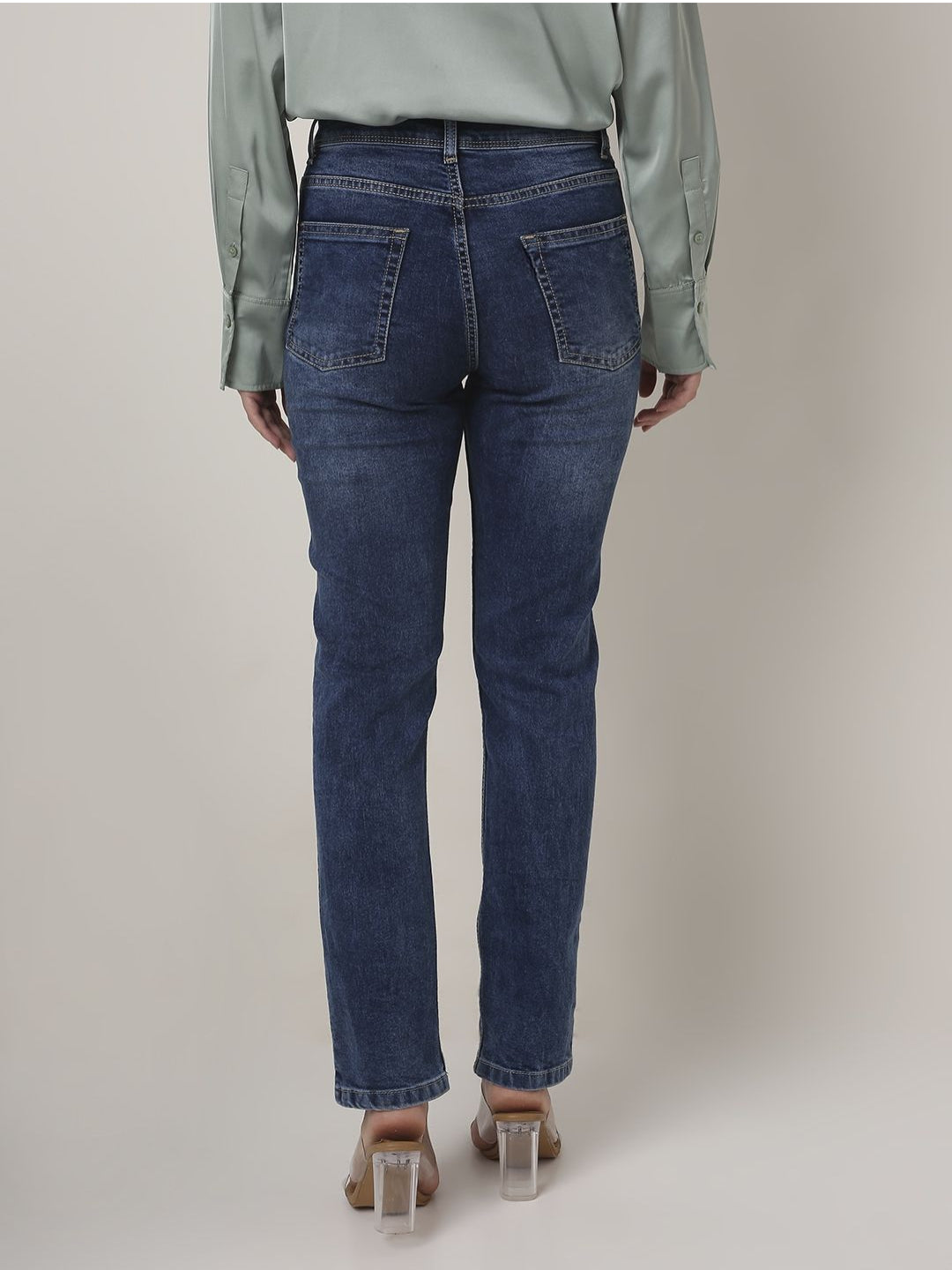 Mid Blue High-Waist Straight Slim Jeans