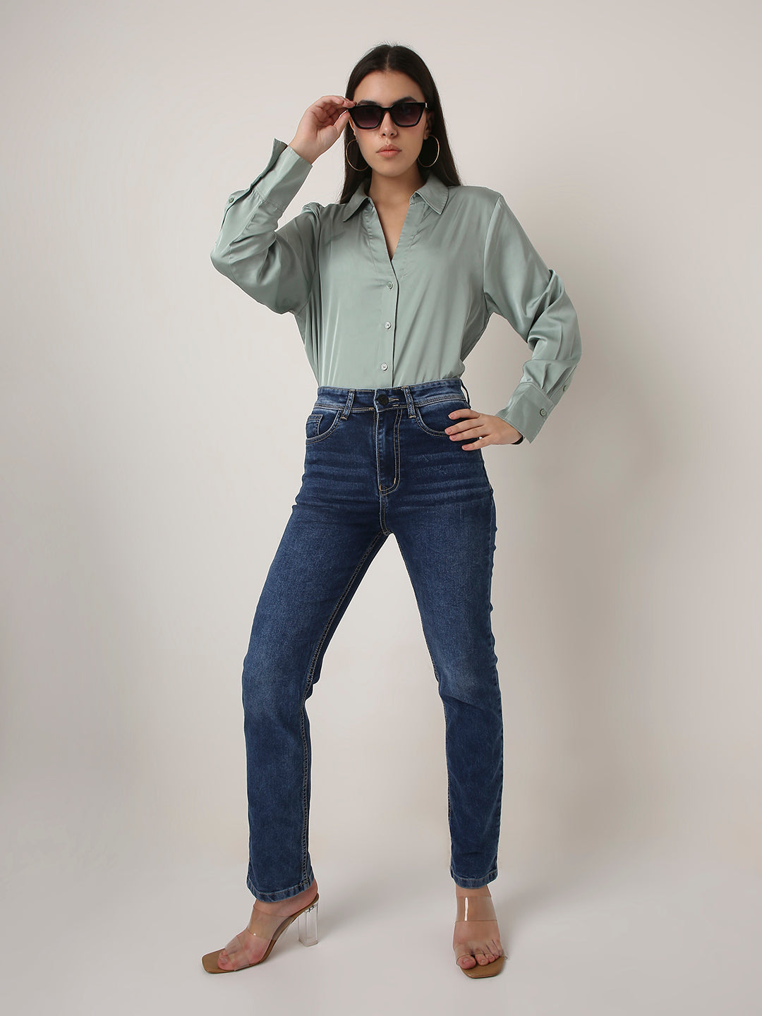 Mid Blue High-Waist Straight Slim Jeans