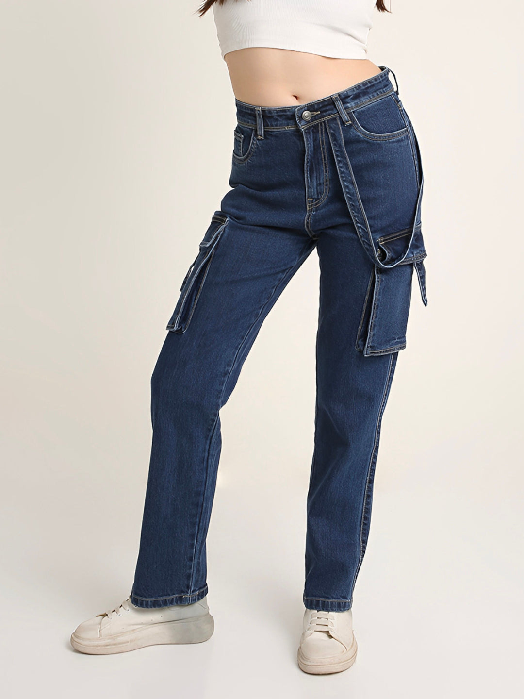 Dark Blue Straight Fit Cargo Denim