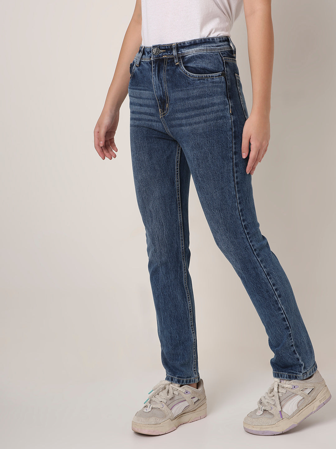 Mid Blue High-Waist Slim-Fit Jeans