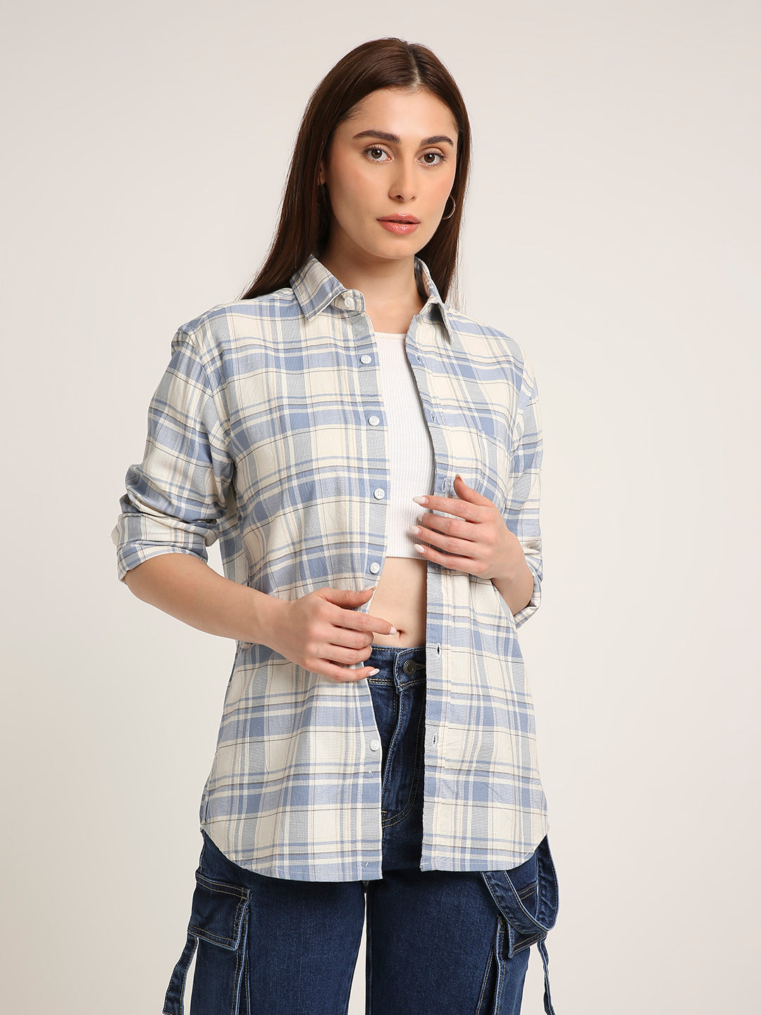 Blue Checked Cotton Relaxed Fit Casual Shirt