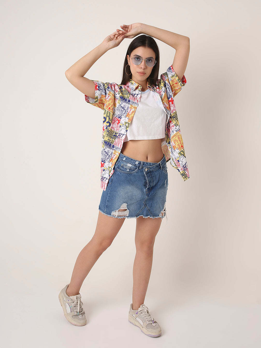 WHITE Comic Print Oversized Boy-Friend Shirt