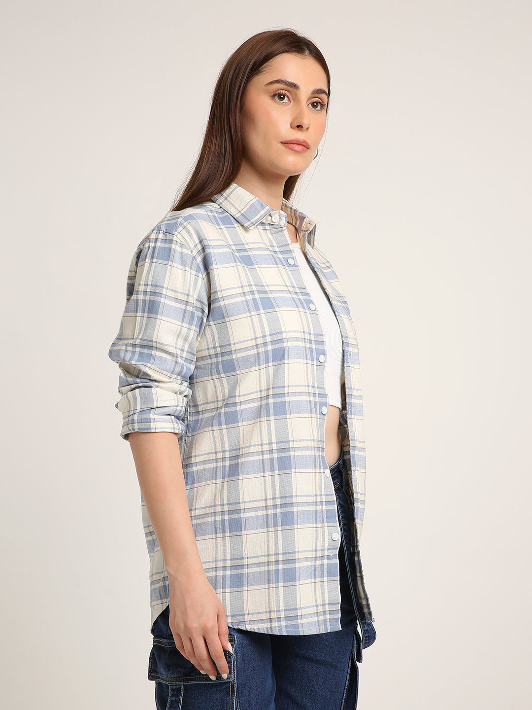Blue Checked Cotton Relaxed Fit Casual Shirt