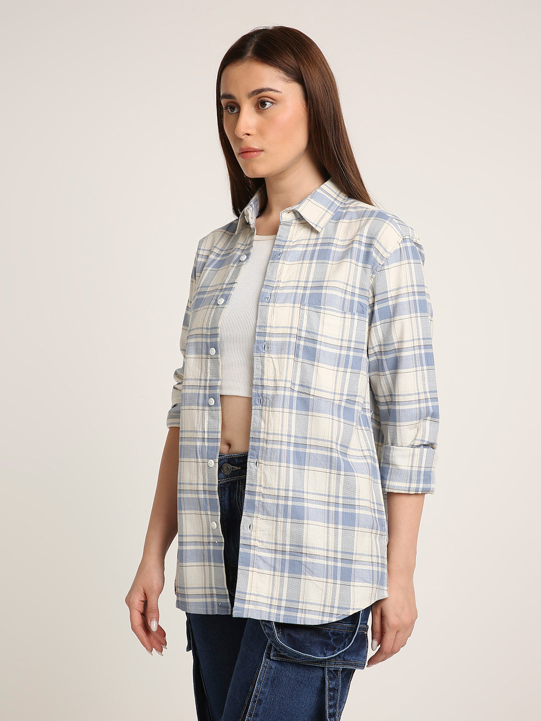Blue Checked Cotton Relaxed Fit Casual Shirt