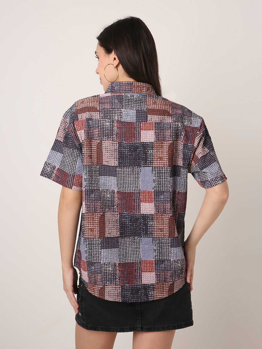 Multicolor Textured Checkered Oversized Shirt
