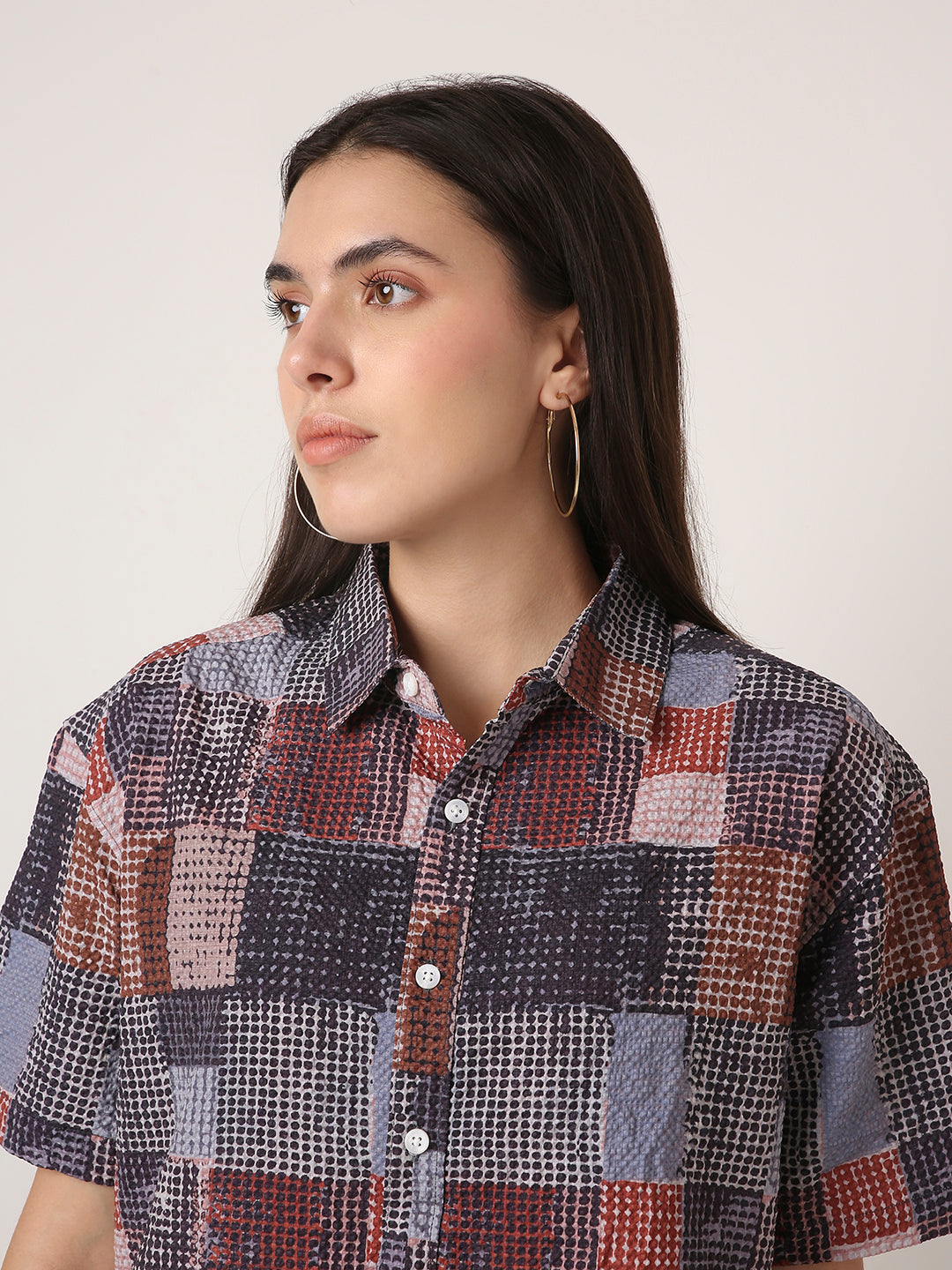 Multicolor Textured Checkered Oversized Shirt