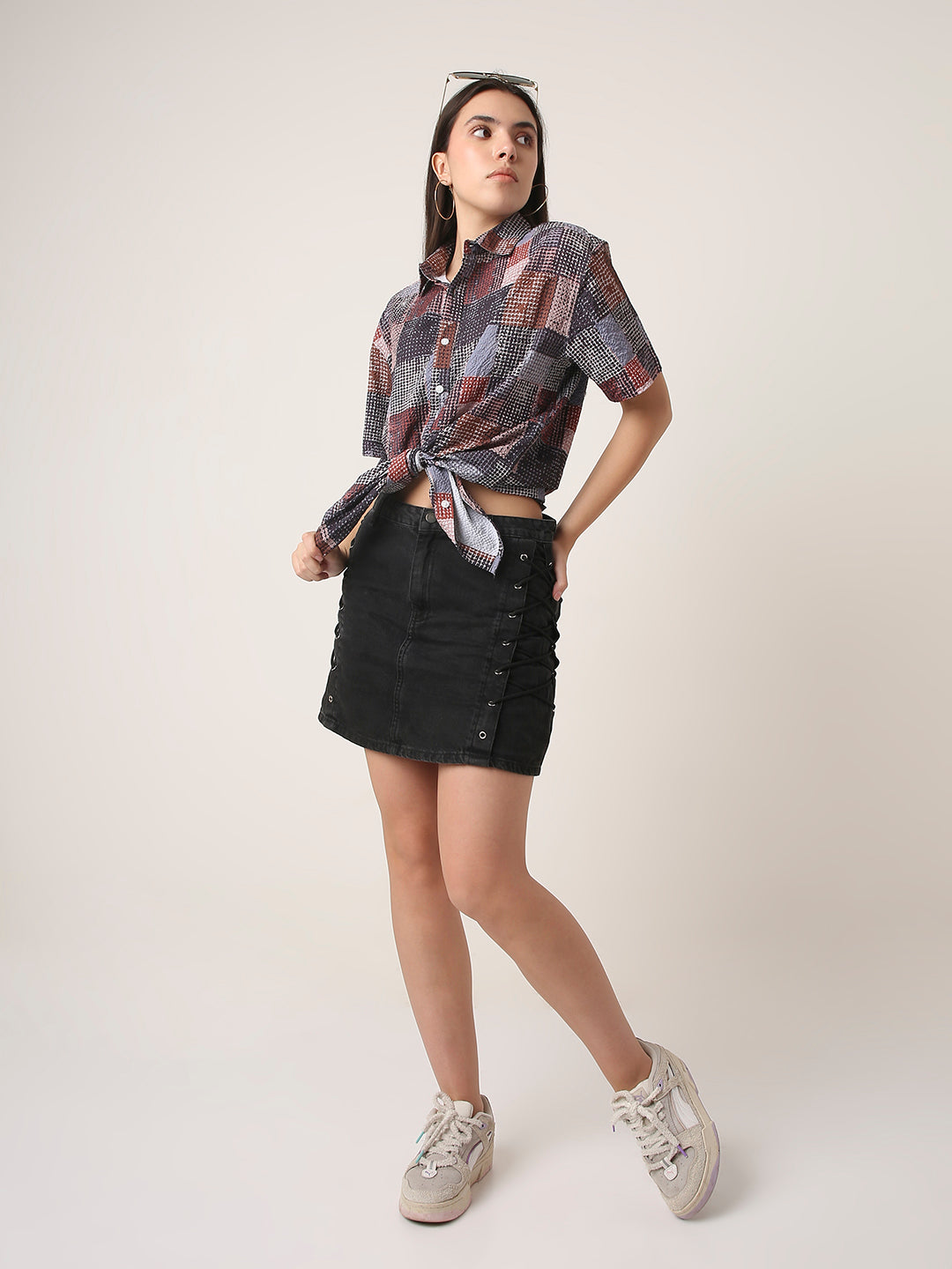 Multicolor Textured Checkered Oversized Shirt