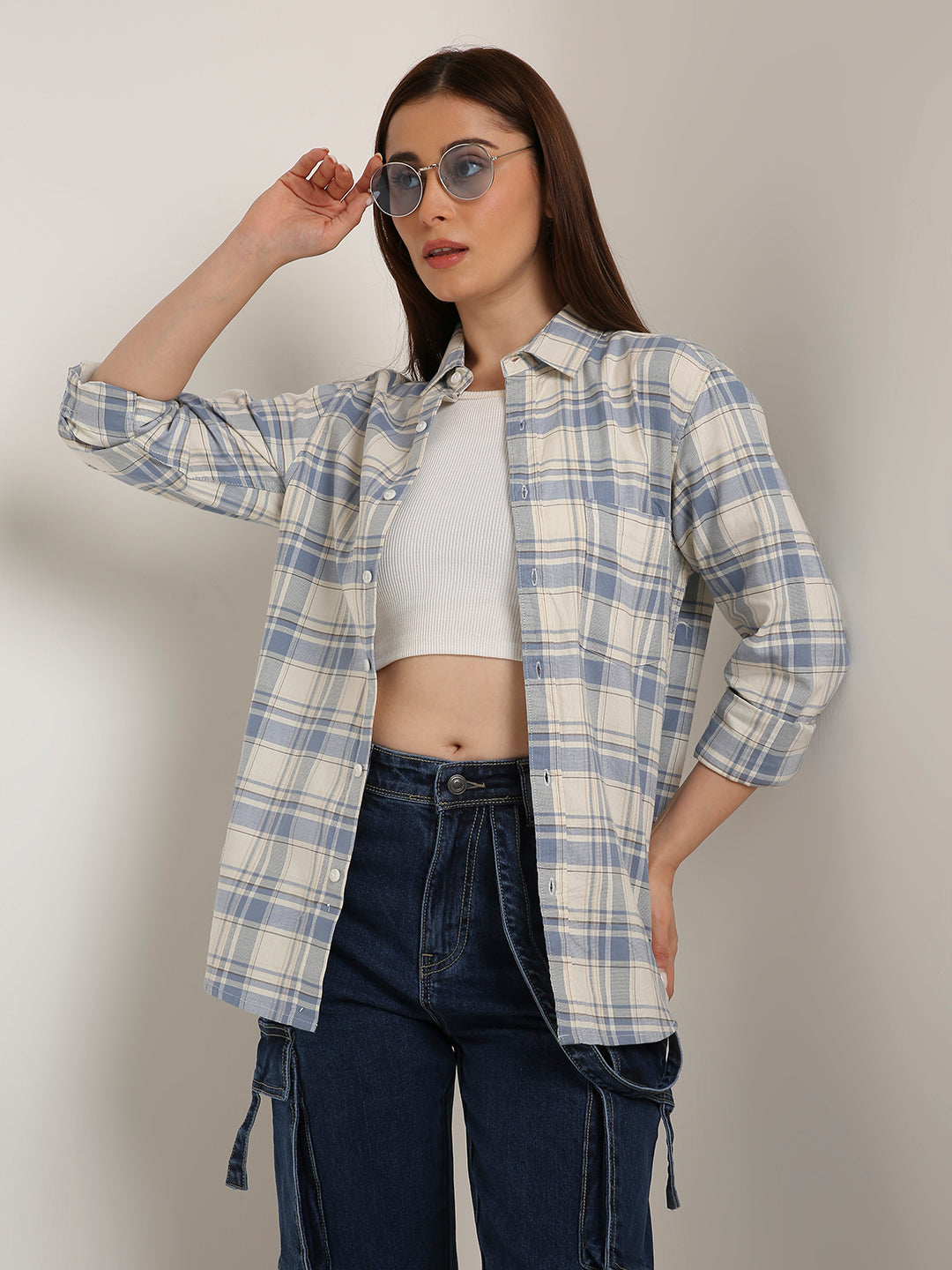 Blue Checked Cotton Relaxed Fit Casual Shirt