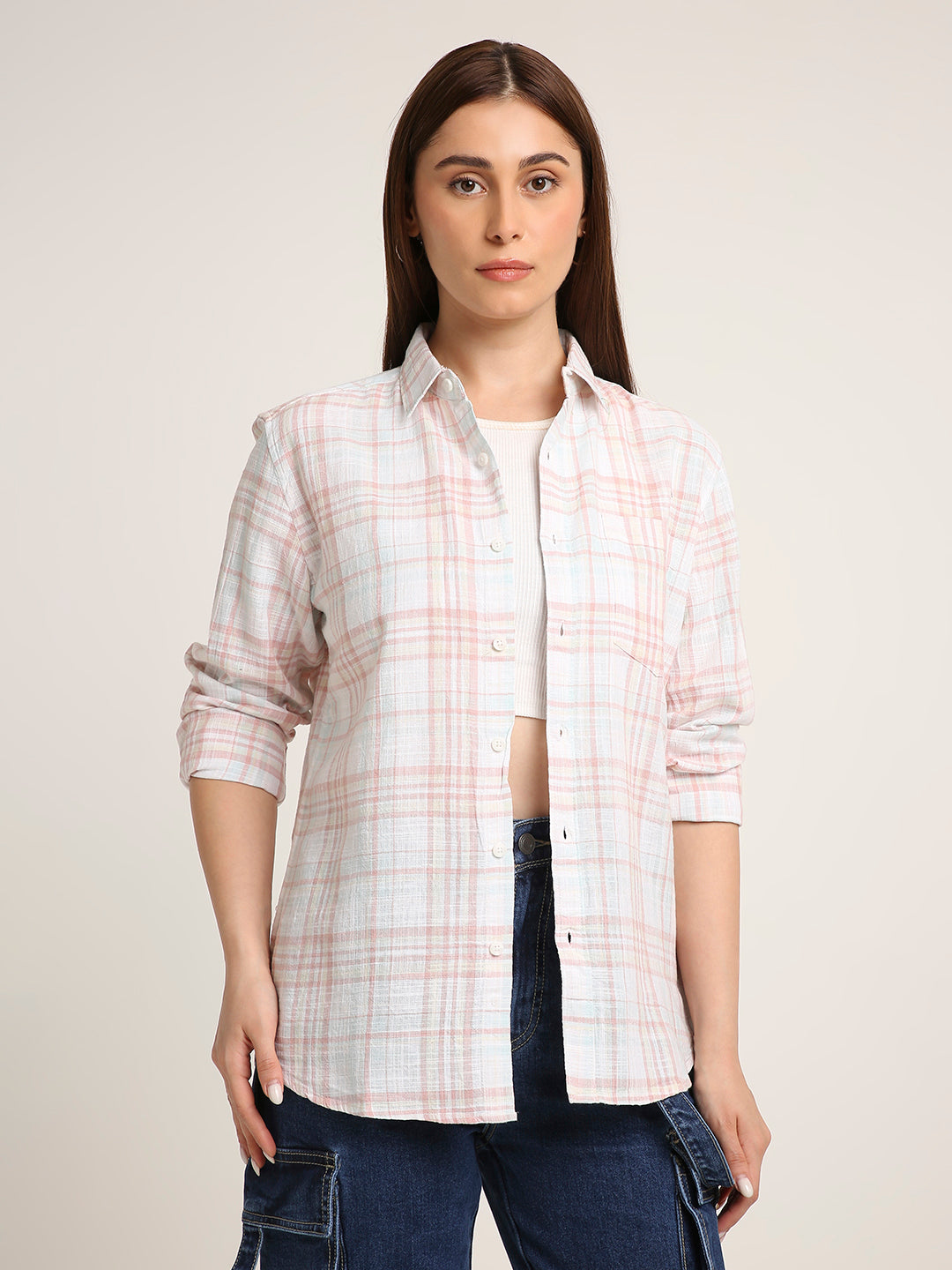 Peach Checked Cotton Relaxed Fit Casual Shirt
