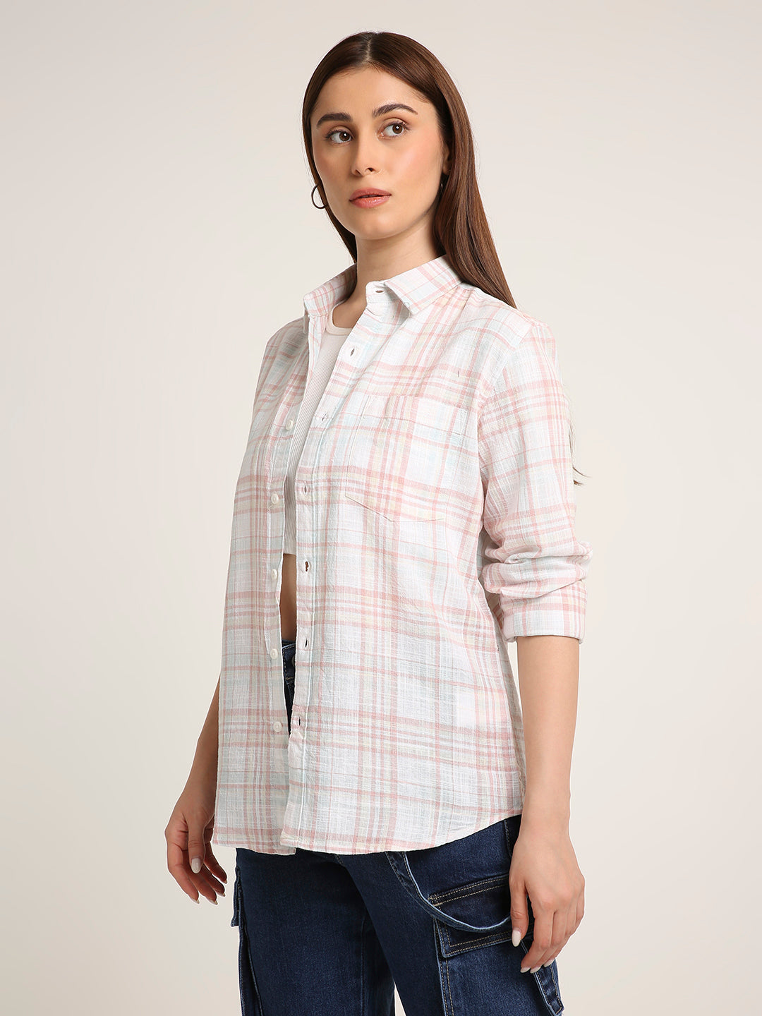 Peach Checked Cotton Relaxed Fit Casual Shirt