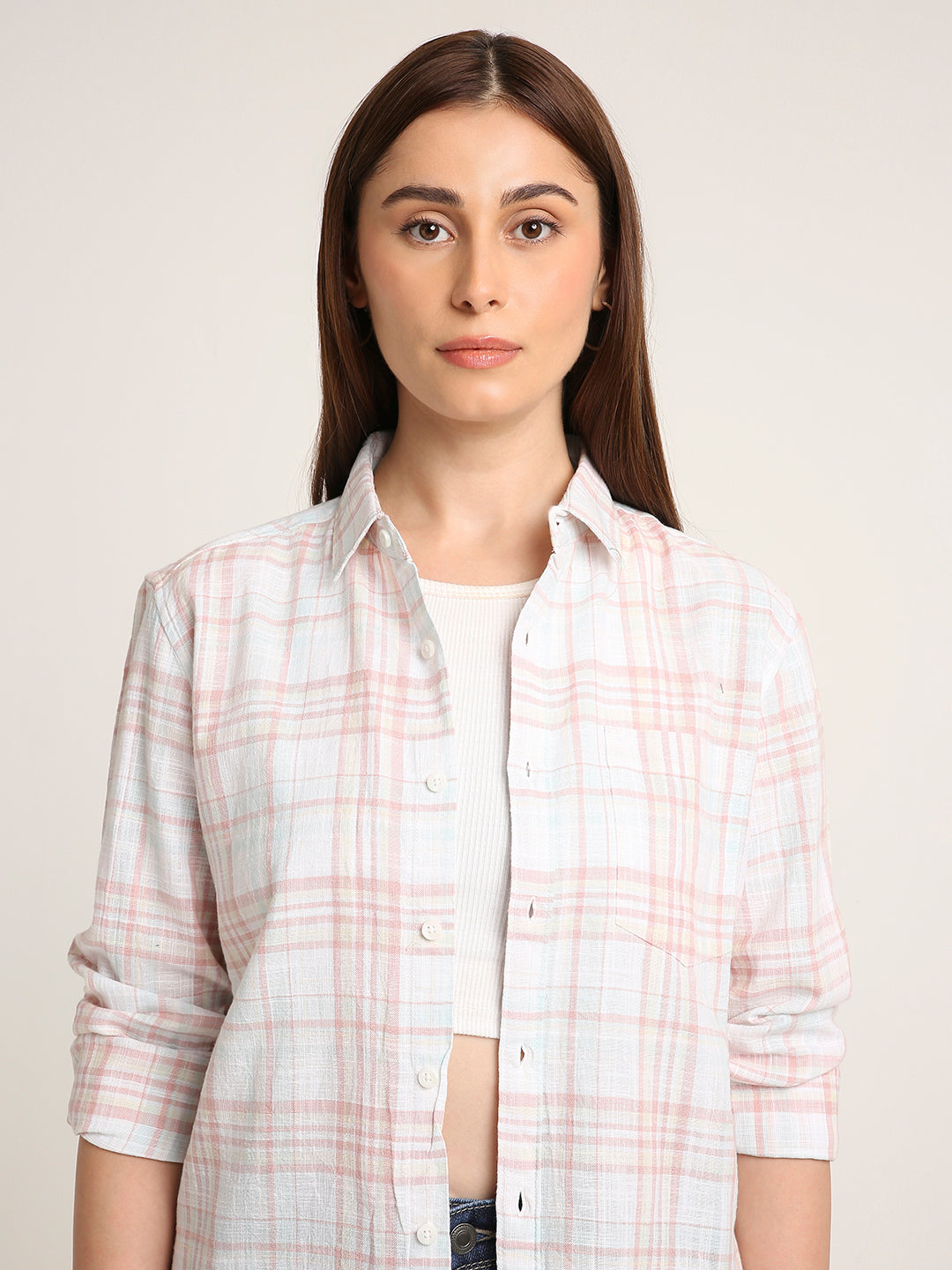 Peach Checked Cotton Relaxed Fit Casual Shirt