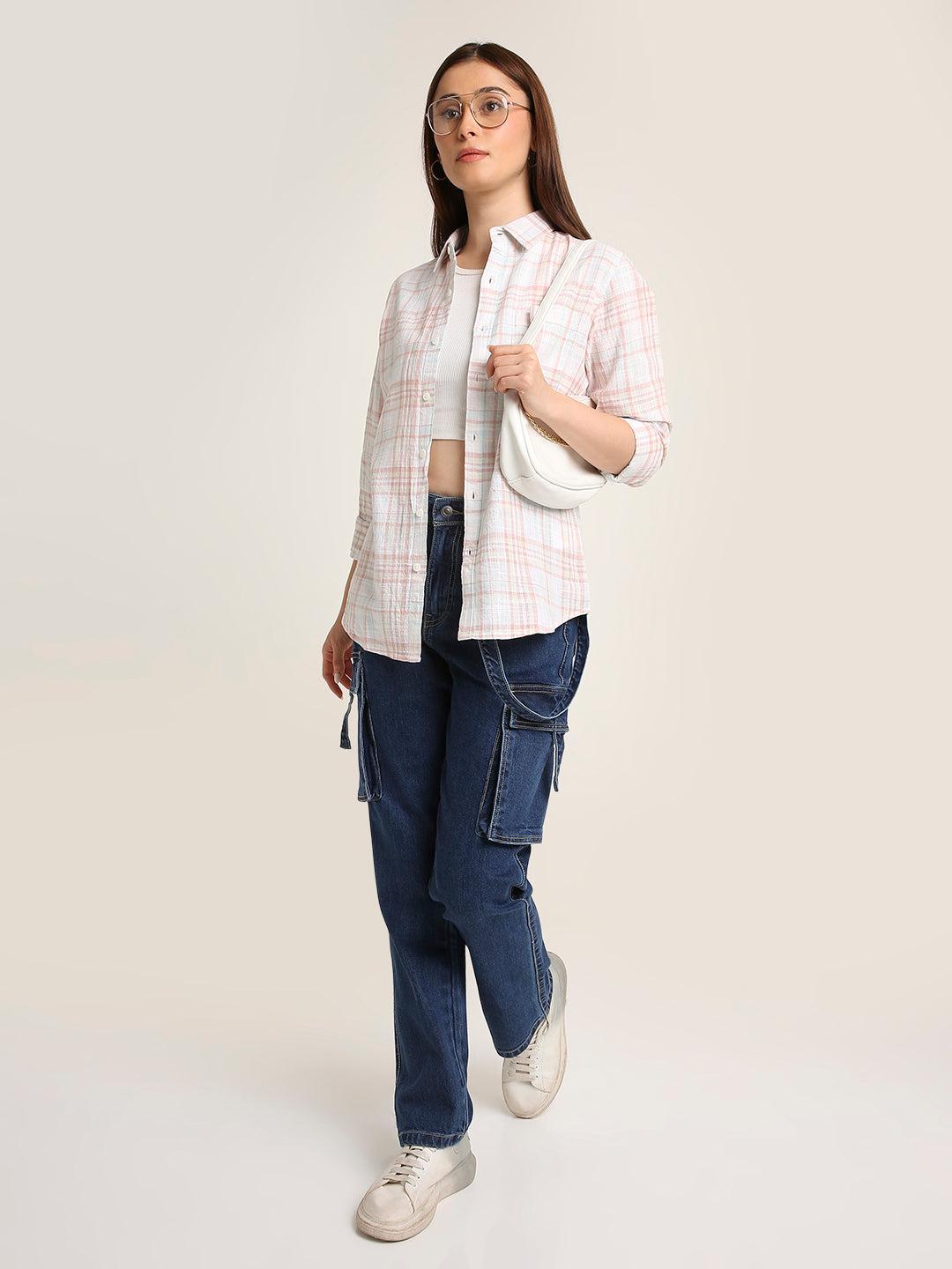 Peach Checked Cotton Relaxed Fit Casual Shirt
