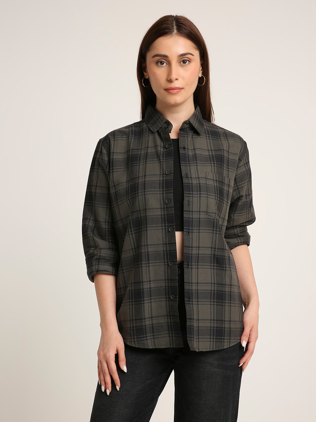 Olive Green Oxford Checked Oversized Shirt