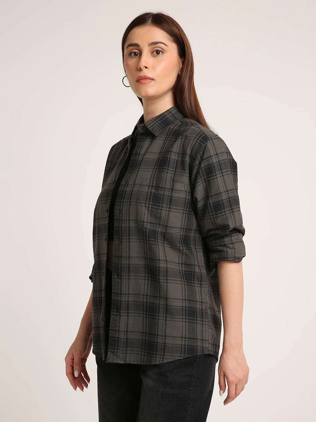 Olive Green Oxford Checked Oversized Shirt
