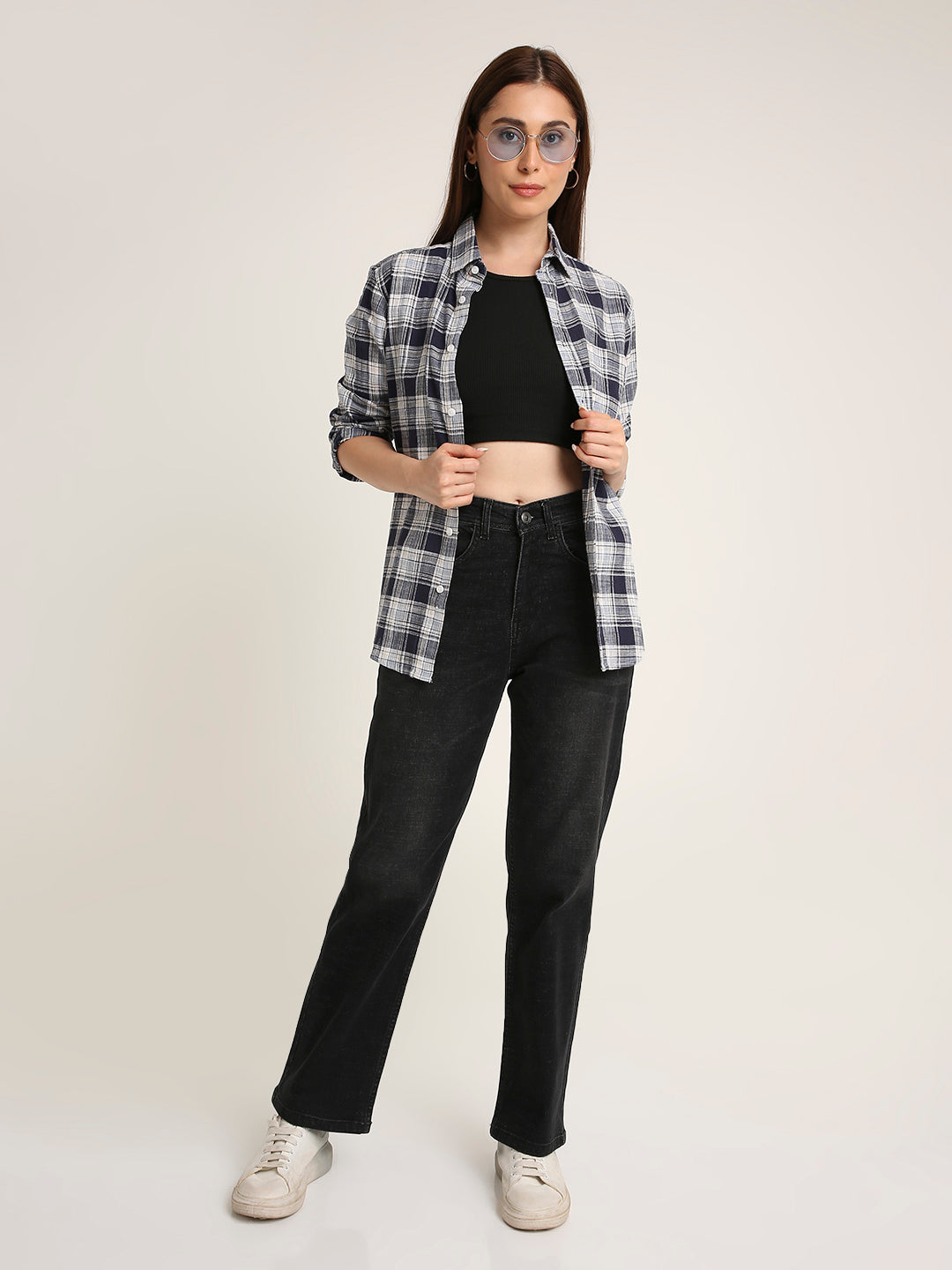 Navy Checked Cotton Casual Shirt