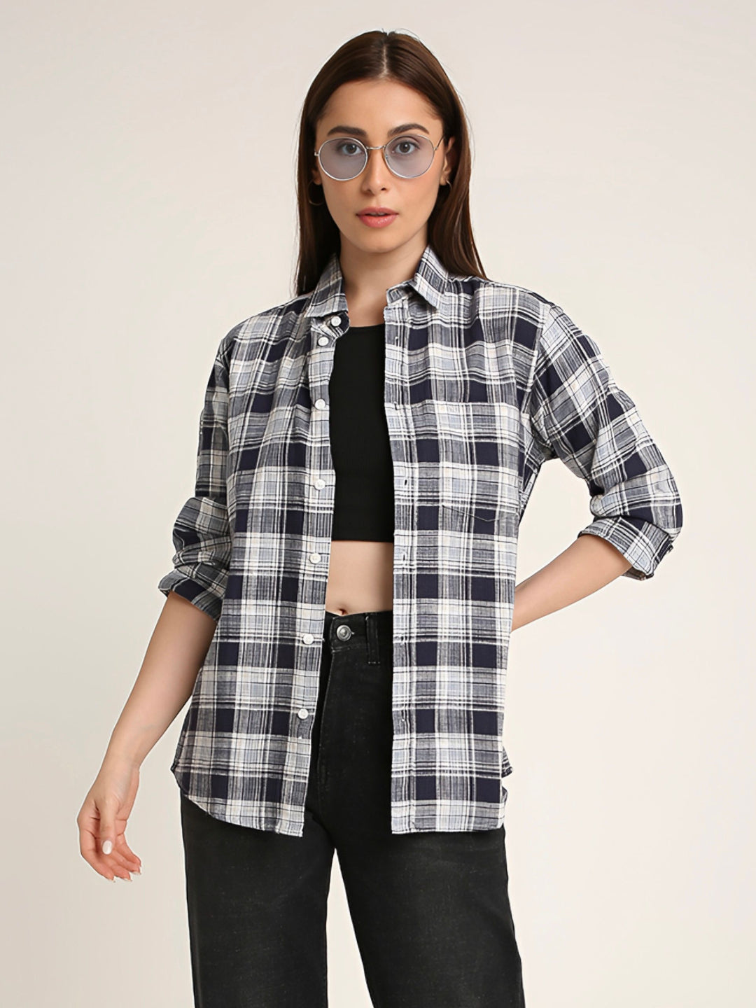 Navy Checked Cotton Casual Shirt