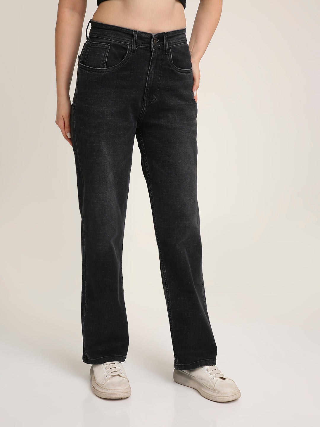 Black Mid-Wash High-Rise Straight Fit Jeans