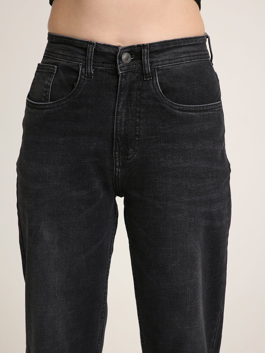 Black Mid-Wash High-Rise Straight Fit Jeans