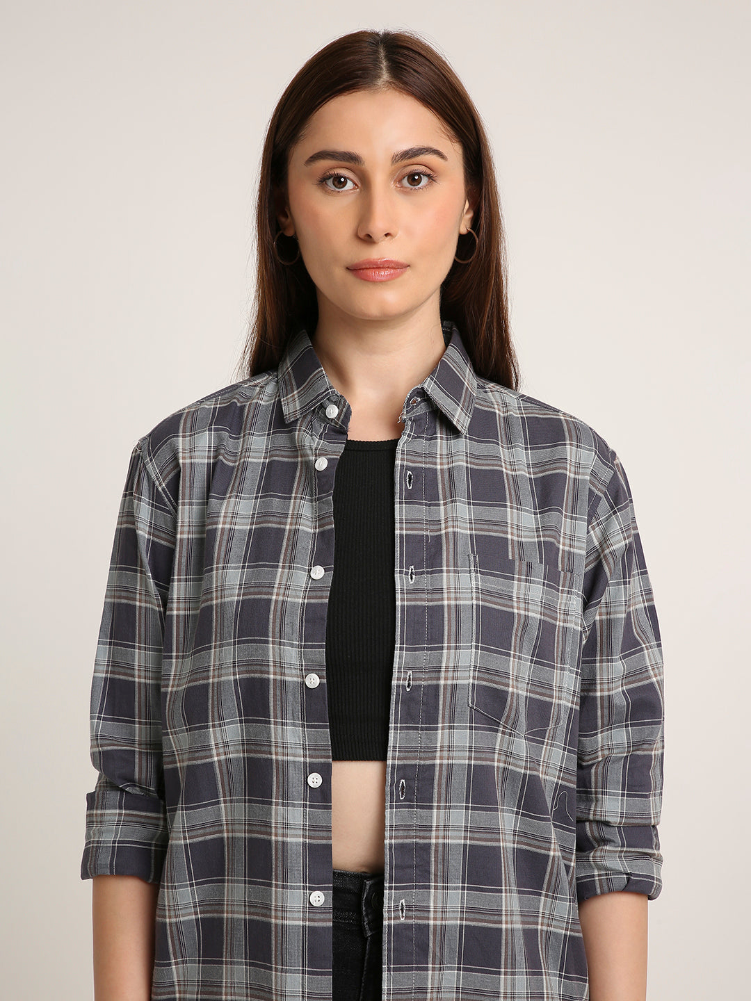 Dark Grey Checked Cotton Textured Shirt
