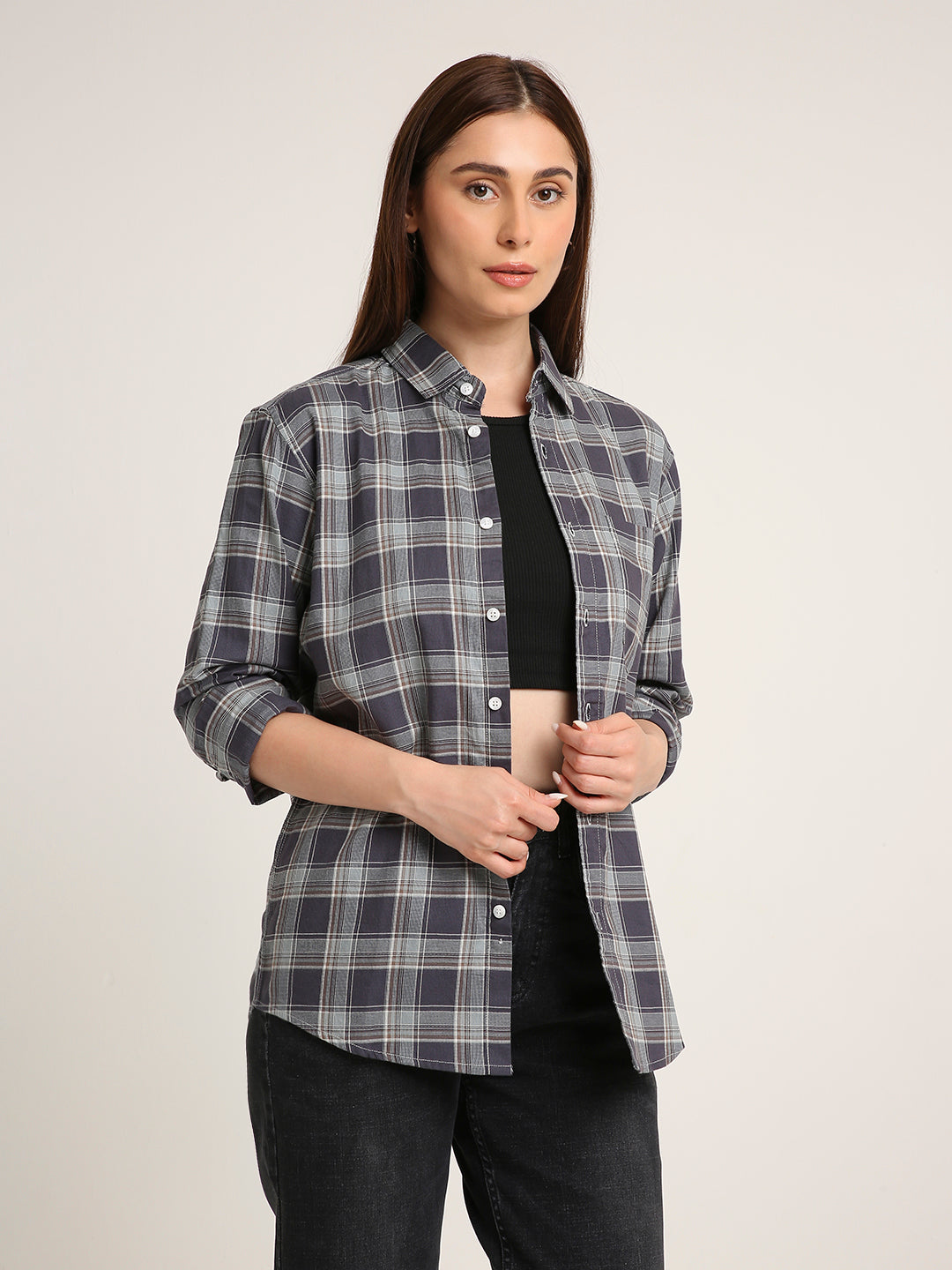 Dark Grey Checked Cotton Textured Shirt