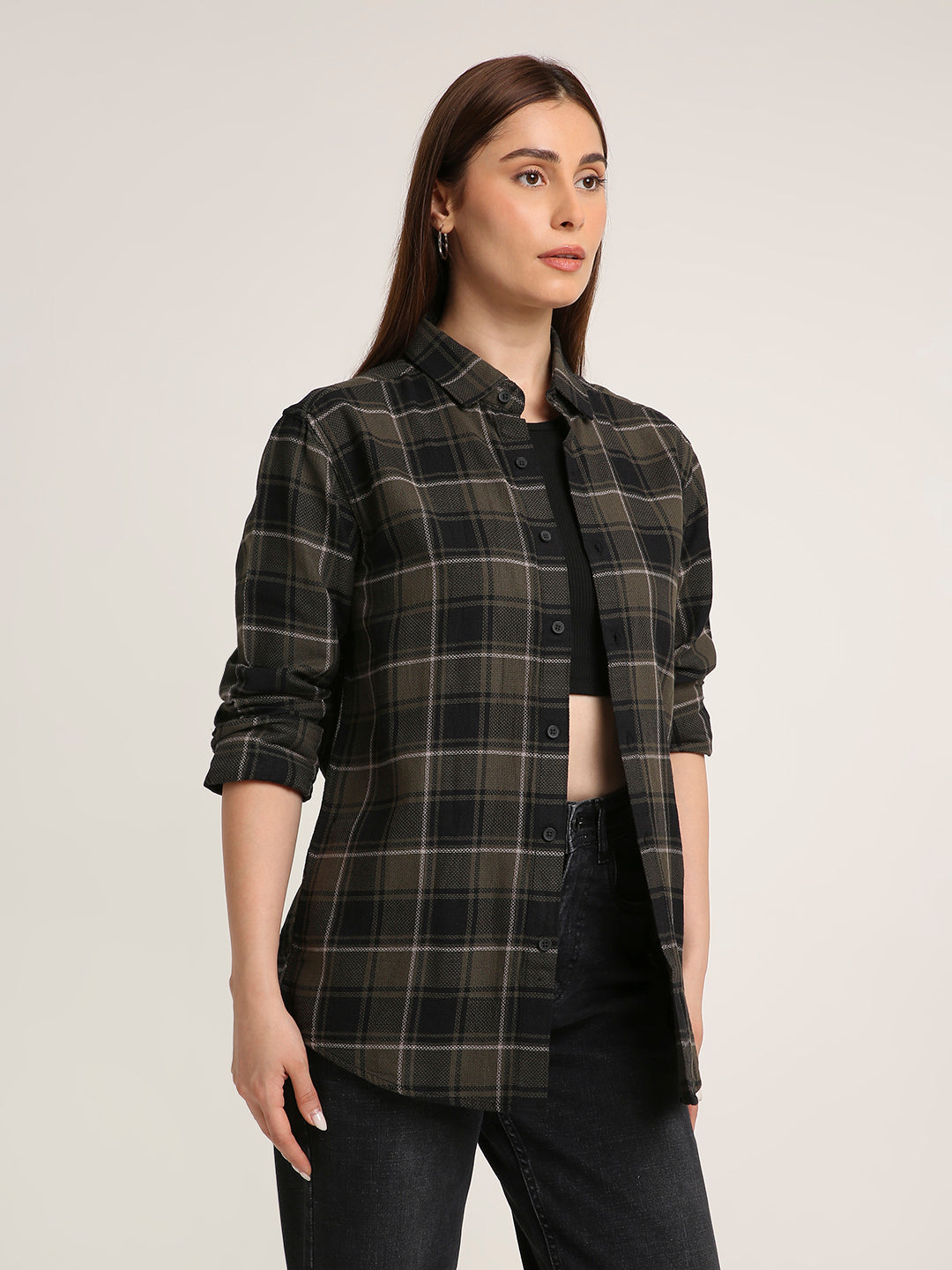 Olive Checked Premium Cotton Structured Shirt