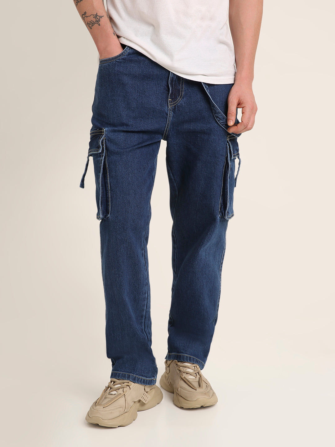 Dark Blue Denim Cargo Jeans with Utility Pockets