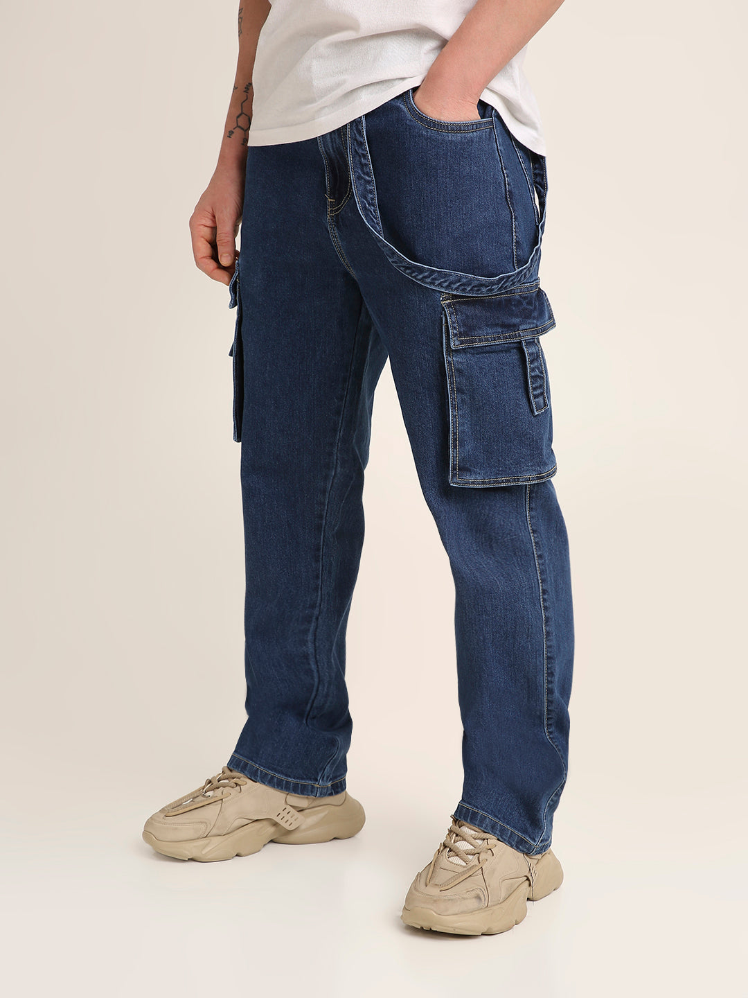Dark Blue Denim Cargo Jeans with Utility Pockets