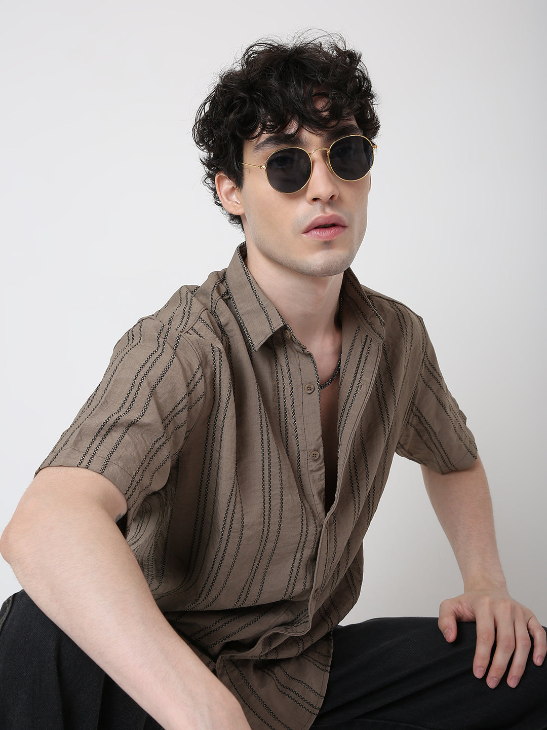 KHAKI VERTICAL STRIPE SHIRT