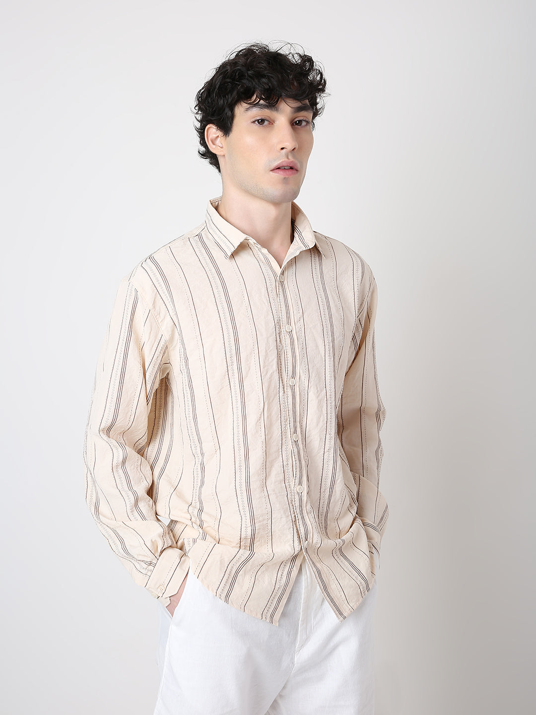 CREAM SLEEK STRIPED CASUAL SHIRT