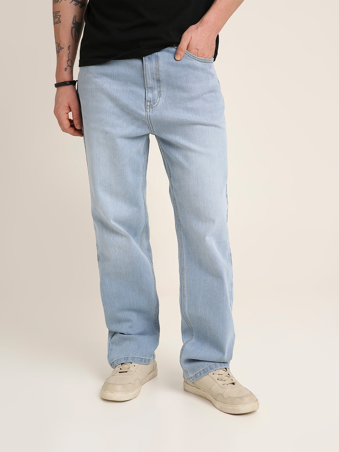 Light Wash Straight Fit Stretch Denim Jeans