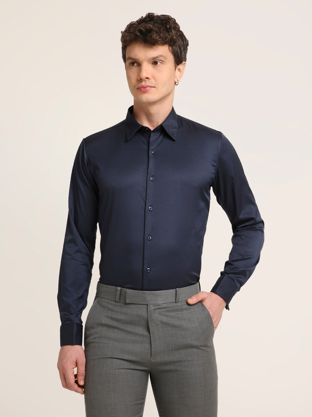 Classic Navy Blue Satin Formal Shirt
