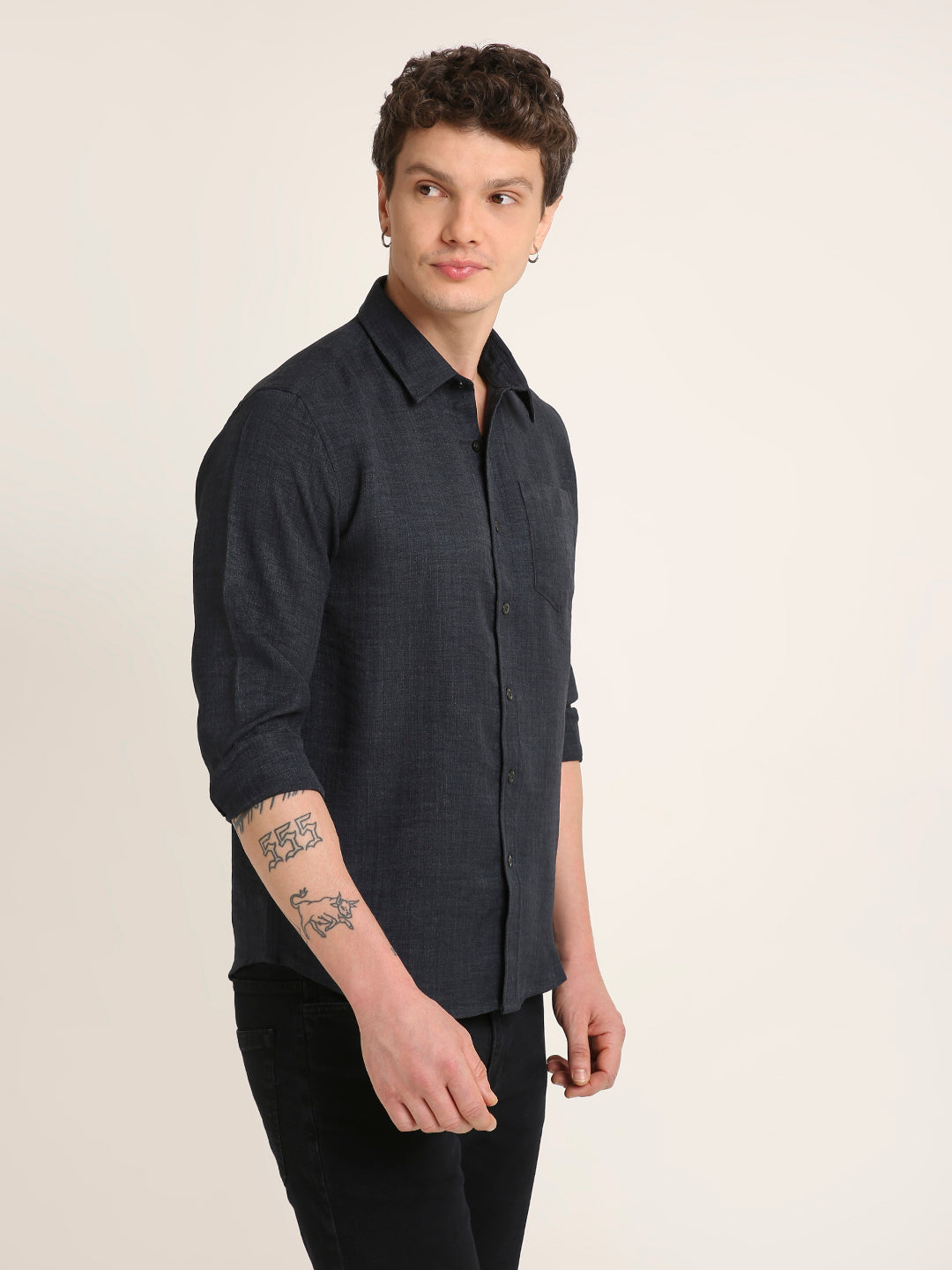 Solid Navy Textured Casual Shirt