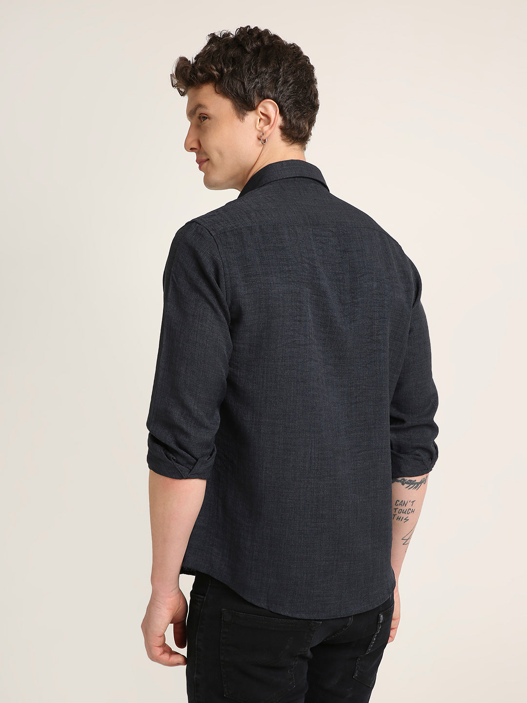 Solid Navy Textured Casual Shirt