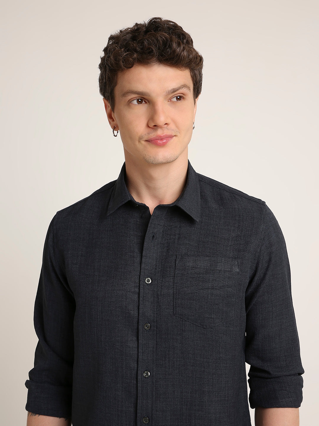 Solid Navy Textured Casual Shirt