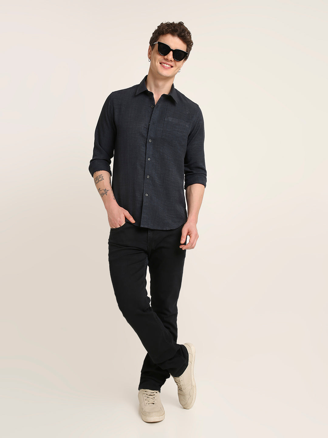 Solid Navy Textured Casual Shirt