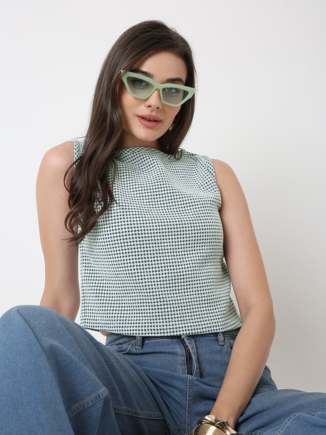 GREEN HOUNDSTOOTH CROP TOP