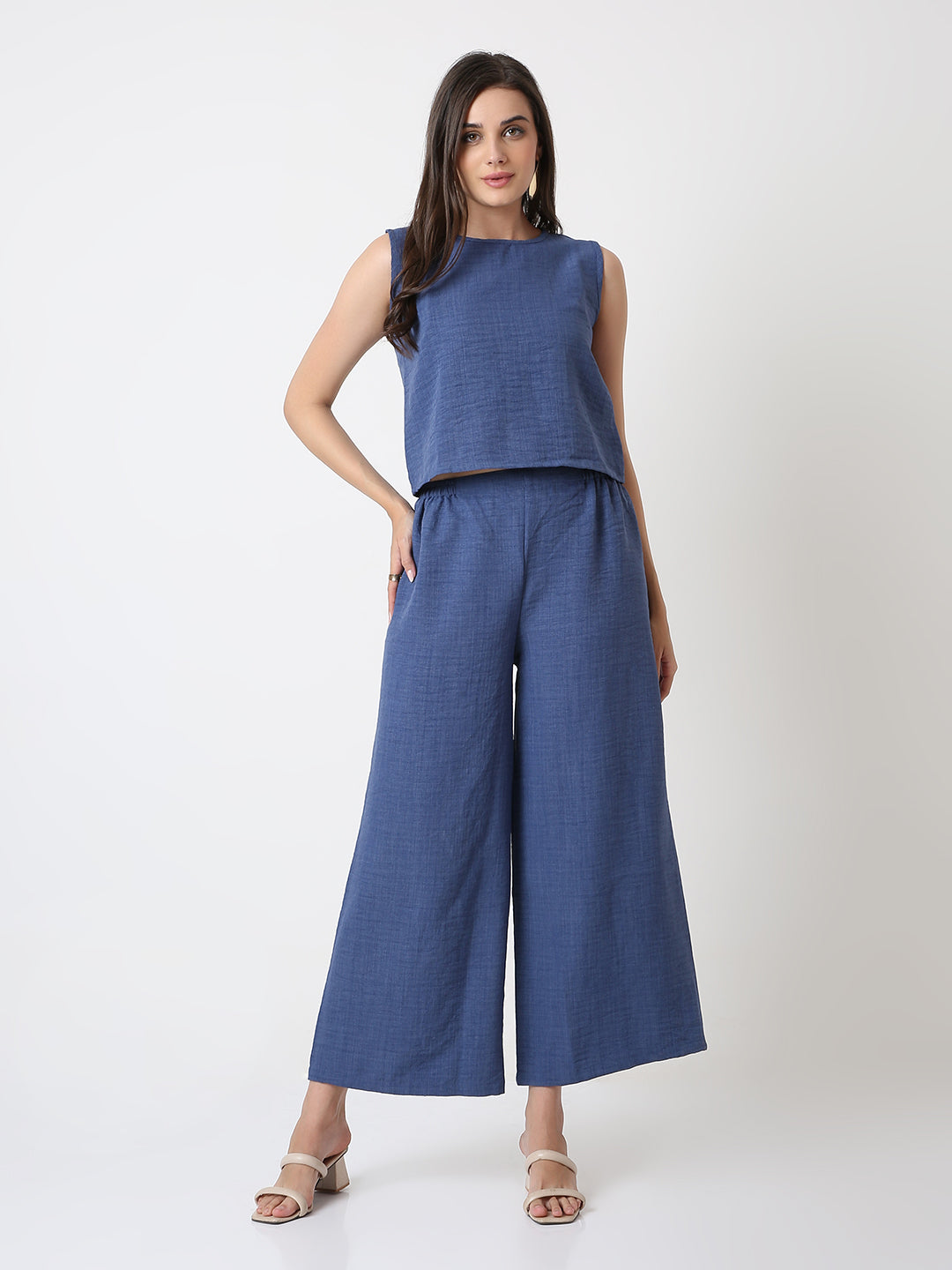 BLUE CO-ORDSET TOP AND WIDE-LEG PANTS