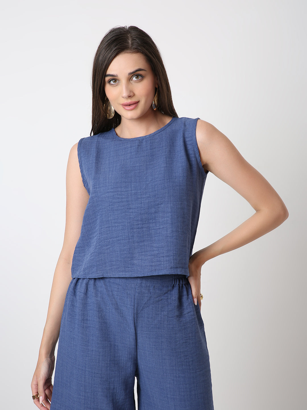 BLUE CO-ORDSET TOP AND WIDE-LEG PANTS