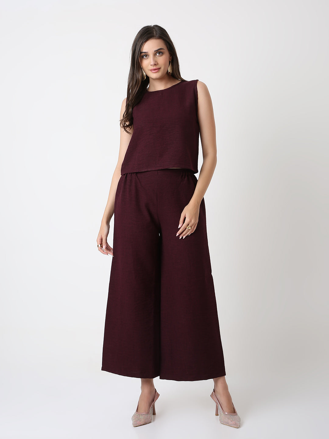 MAROON CO-ORDSET WITH TOP AND WIDE-LEG PANTS