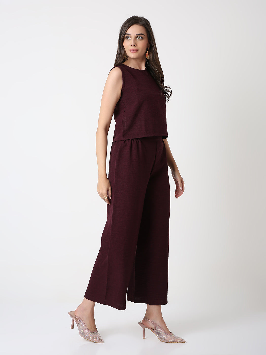 MAROON CO-ORDSET WITH TOP AND WIDE-LEG PANTS