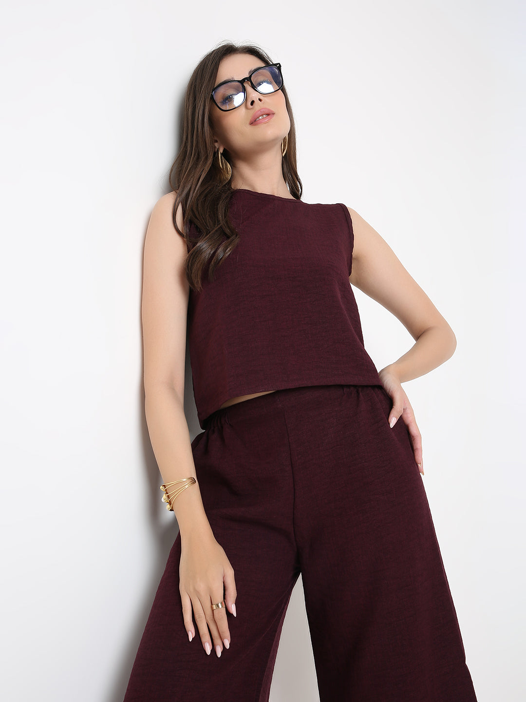 MAROON CO-ORDSET WITH TOP AND WIDE-LEG PANTS