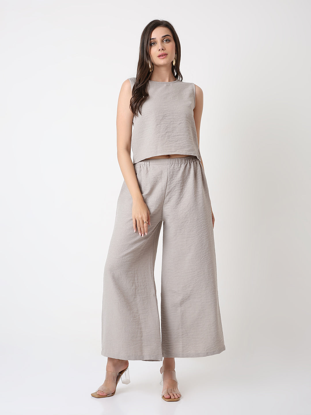 BEIGE CO-ORDSET WITH TOP AND WIDE-LEG PANTS