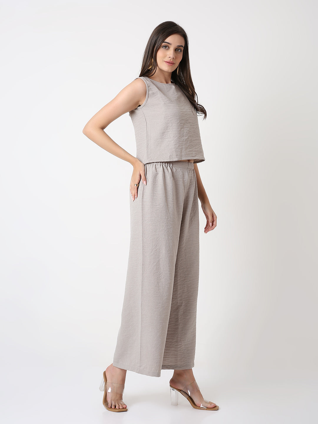 BEIGE CO-ORDSET WITH TOP AND WIDE-LEG PANTS