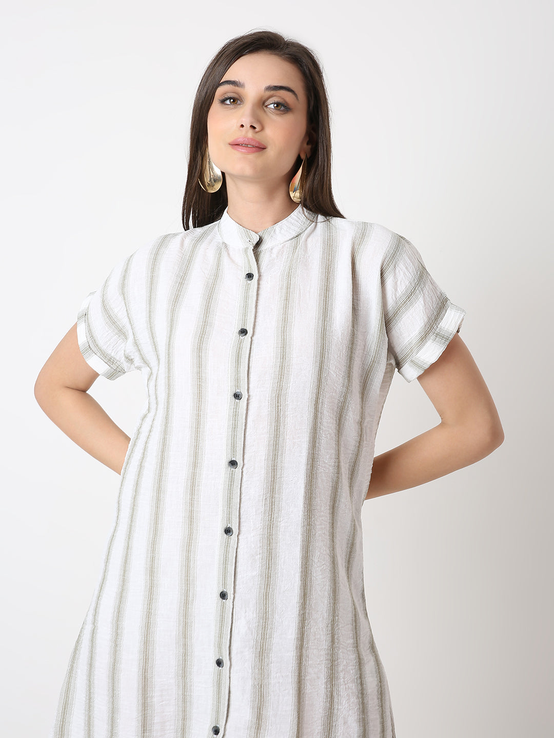 LINEN BLEND STRIP A-LINE SHIRT DRESS