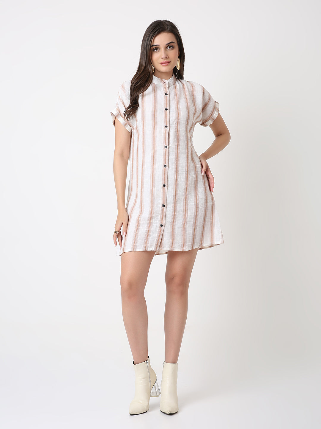 LINEN BLEND STRIP A-LINE SHIRT DRESS