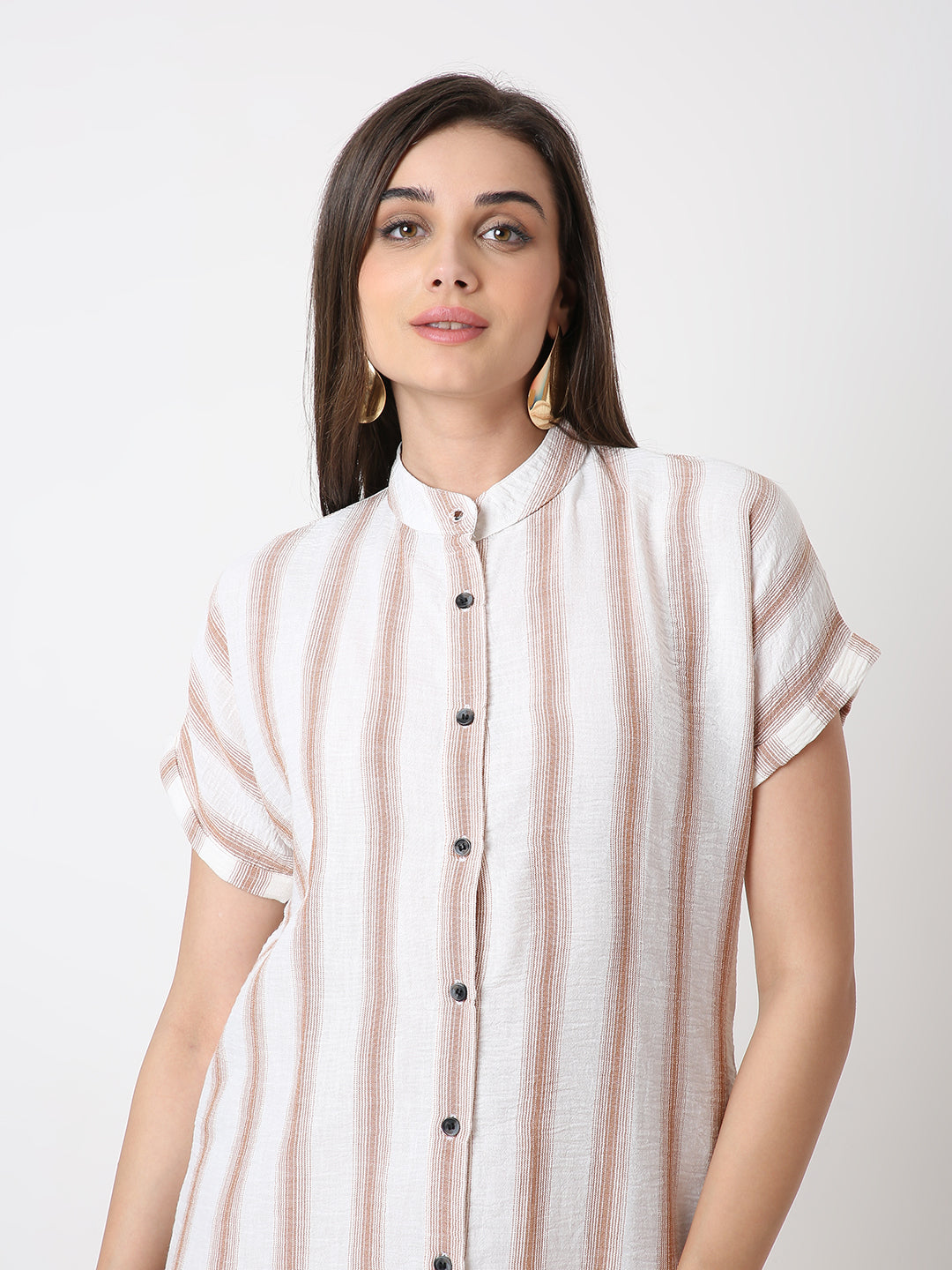 LINEN BLEND STRIP A-LINE SHIRT DRESS