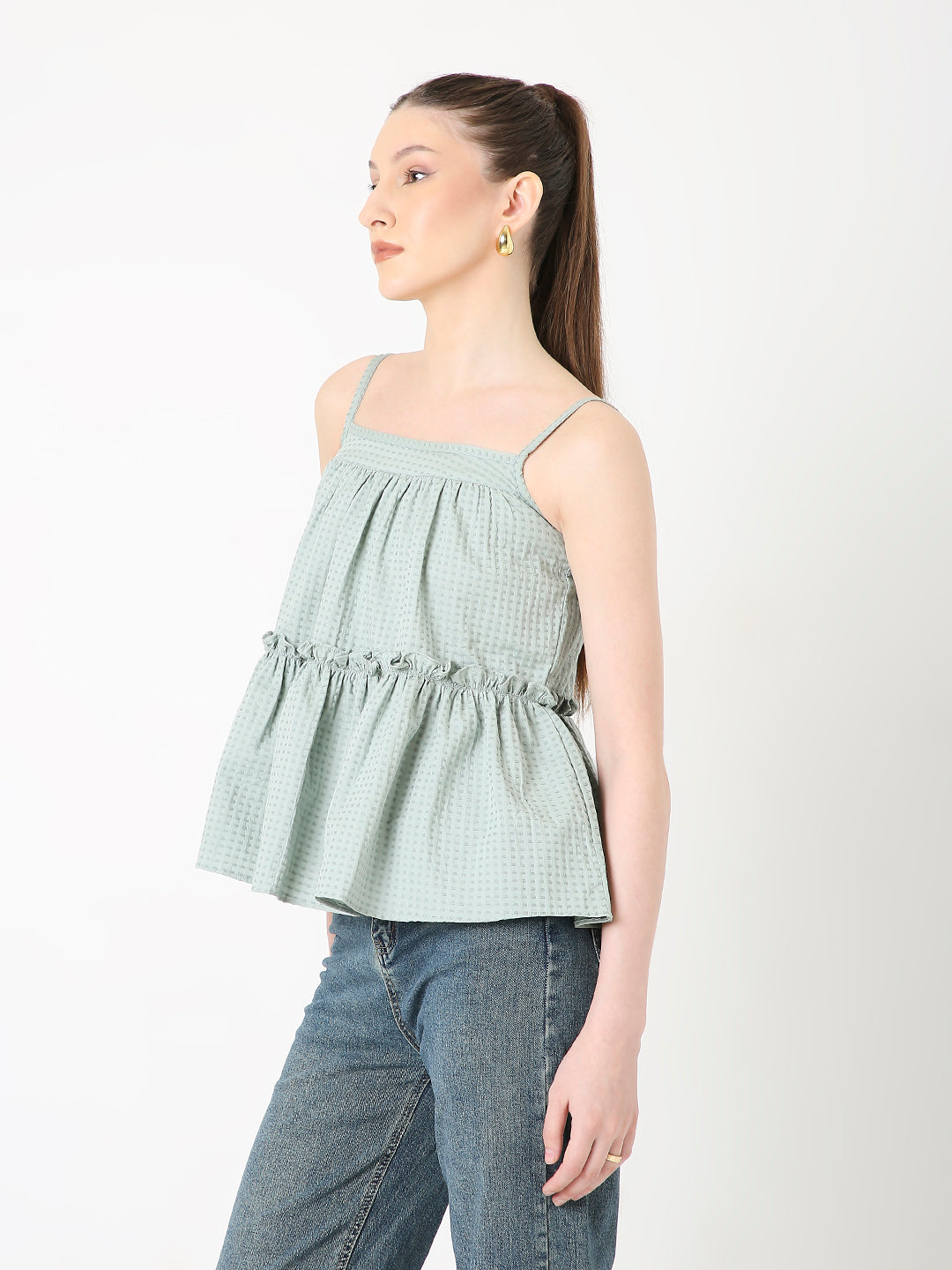 SAGE GREEN TEXTURED PATTERN SPAGHETTI STRAP LAYERED TOP
